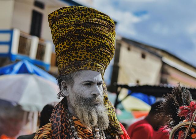 A sadhu in an ornate patterned turban